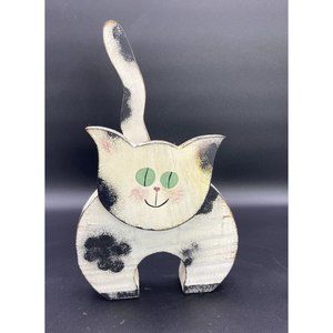 Halloween White, Black Cat Hand Painted Wooden Kitty Lover Wood Figure 9”